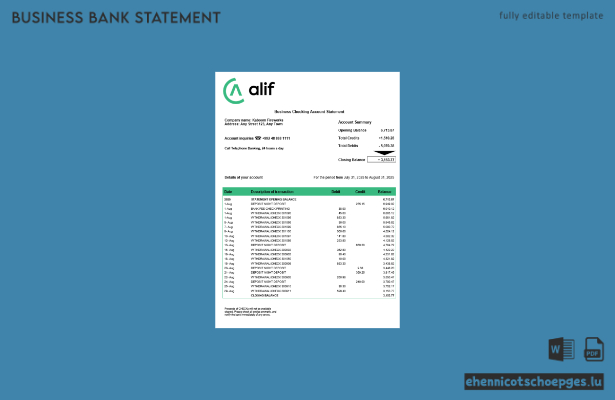 Beispiel eines Kontoauszugs der Firma Alif in Tadschikistan (Word- und PDF-Datei)